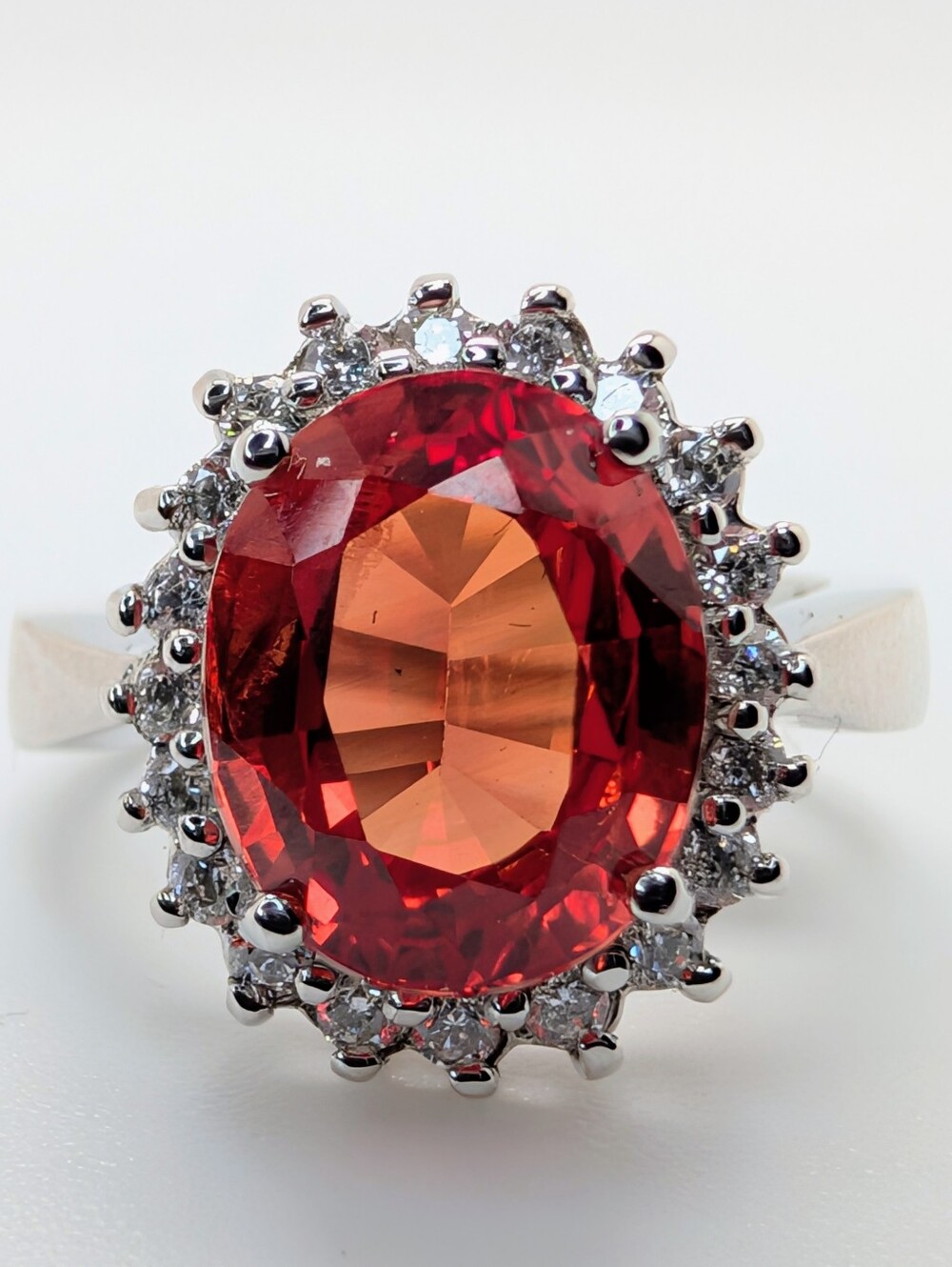 Padparadscha Sapphire & White Topaz Halo 24k Gold over S925 Sterling Silver Ring